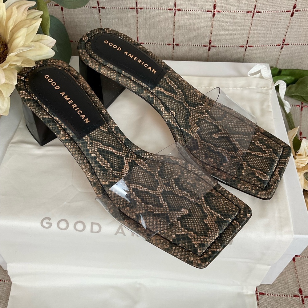 Good American Block Heel Slide Sandals Desert Snake GA119K-X New Dust Bag Size 6 - Picture 2 of 5